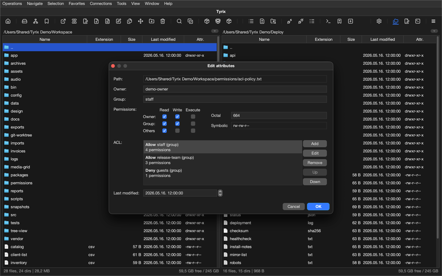 Tyrix attributes dialog showing POSIX permissions and ACL entries