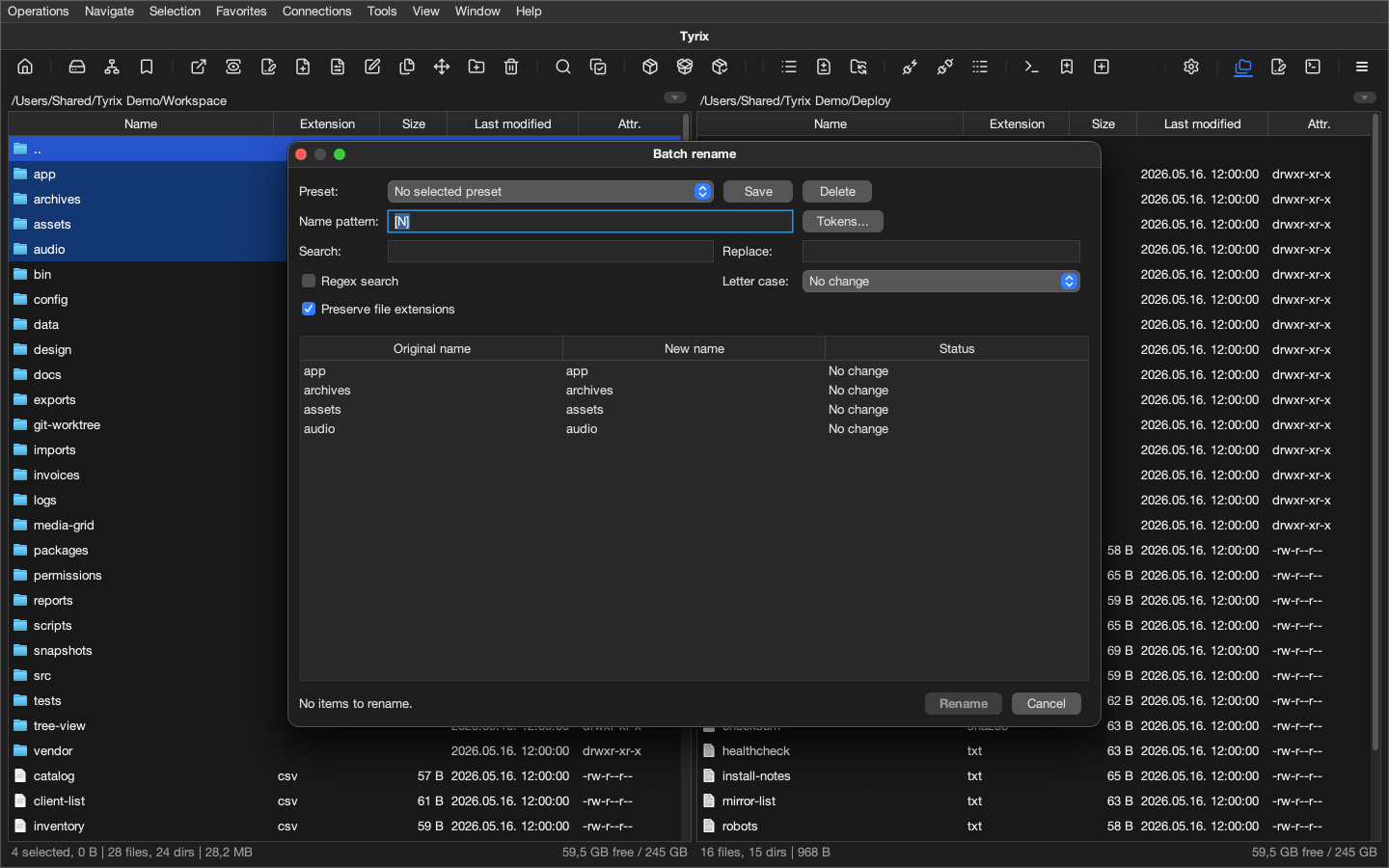 Tyrix batch rename dialog with rename preview table