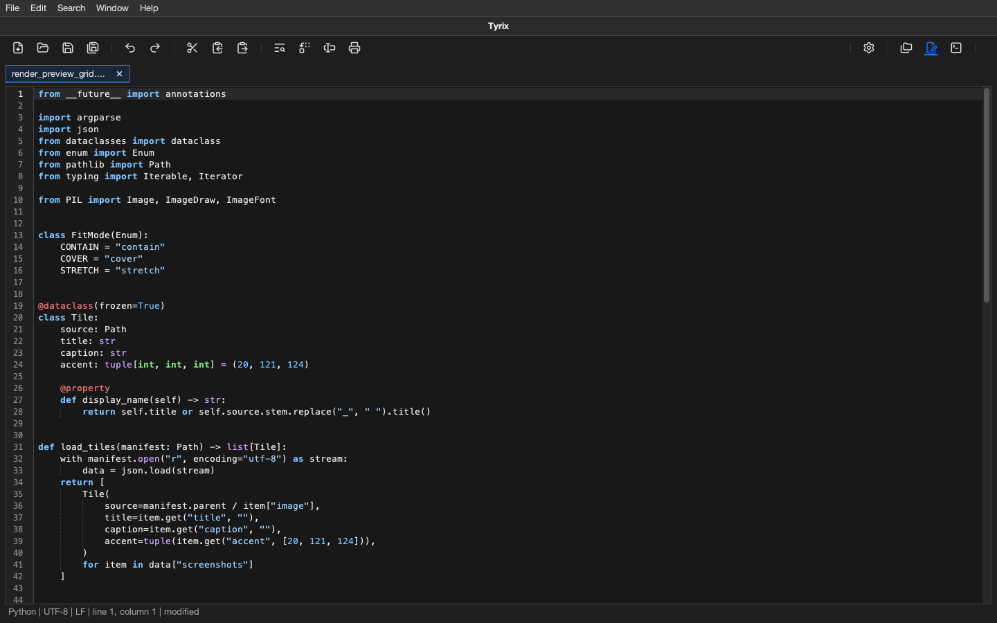 Tyrix editor workspace showing Python source code with syntax highlighting