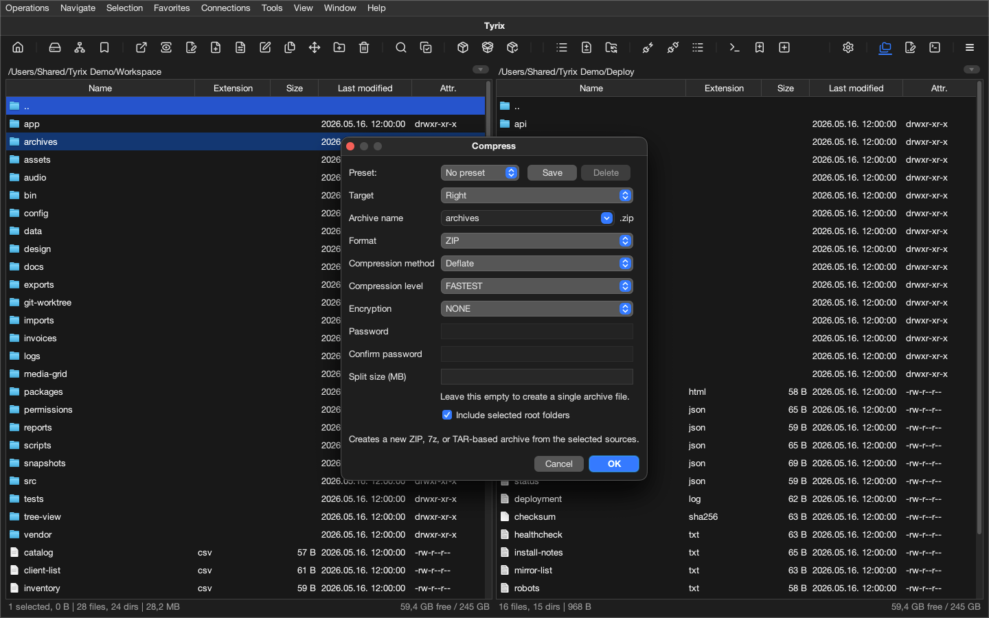 Tyrix compress dialog for creating an archive