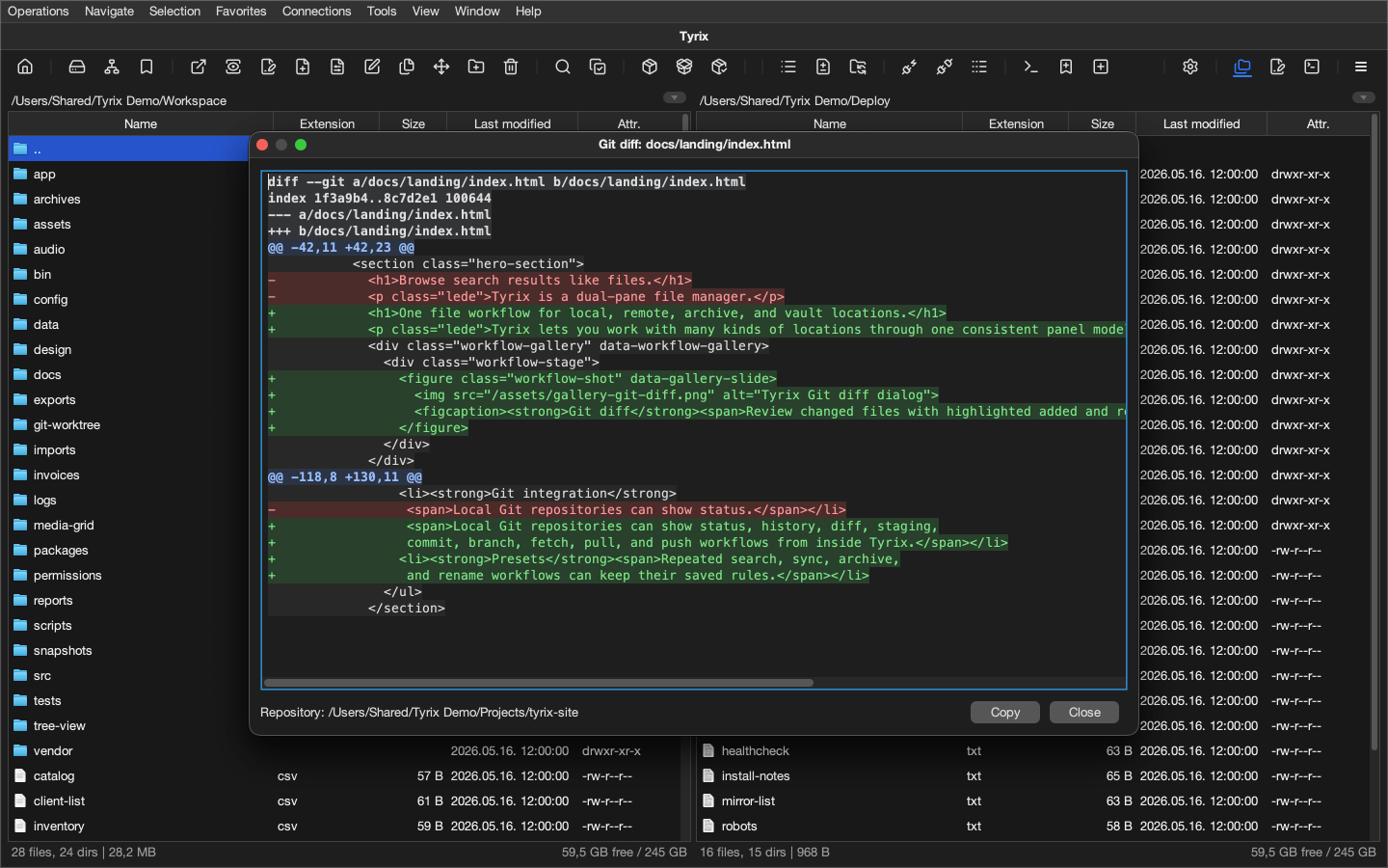 Tyrix Git diff dialog showing highlighted added and removed lines