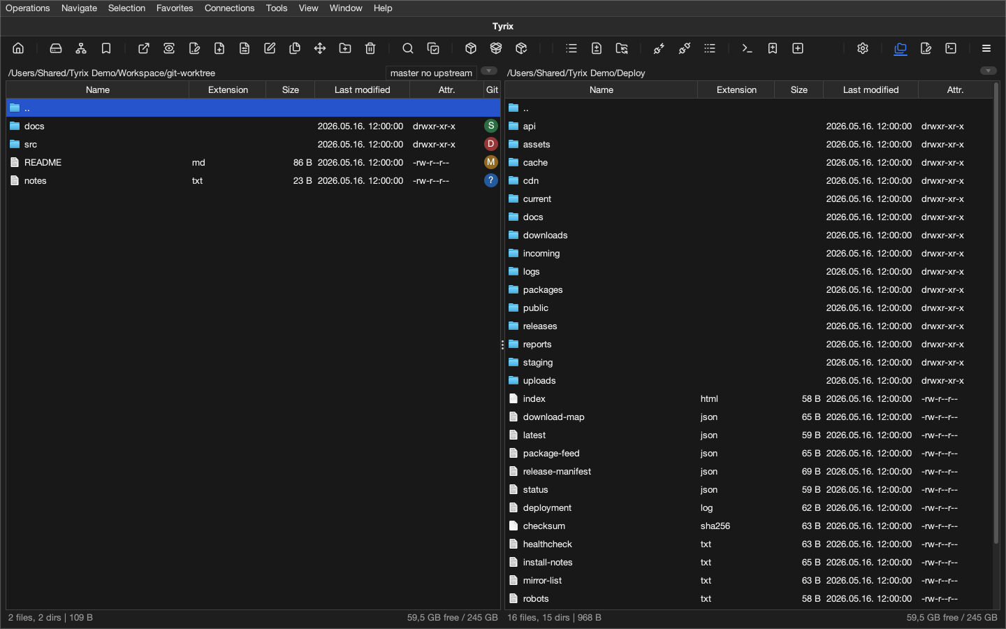 Tyrix file panel showing Git status badges in a repository folder