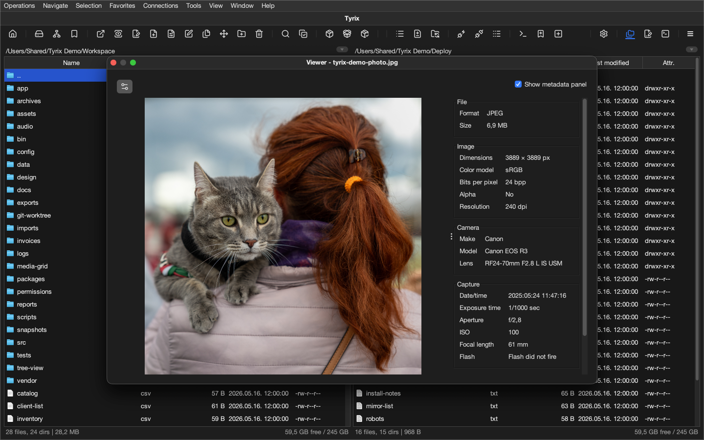 Tyrix image viewer displaying a photo with metadata