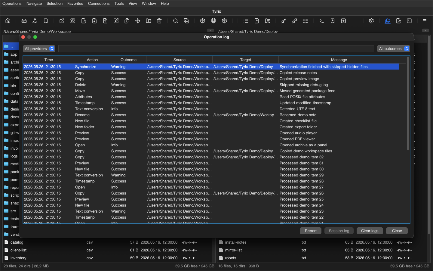 Tyrix operation log dialog with provider, outcome, source, target, and report controls