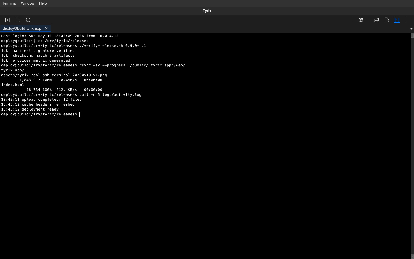Tyrix SSH terminal workspace with a PTY session tab