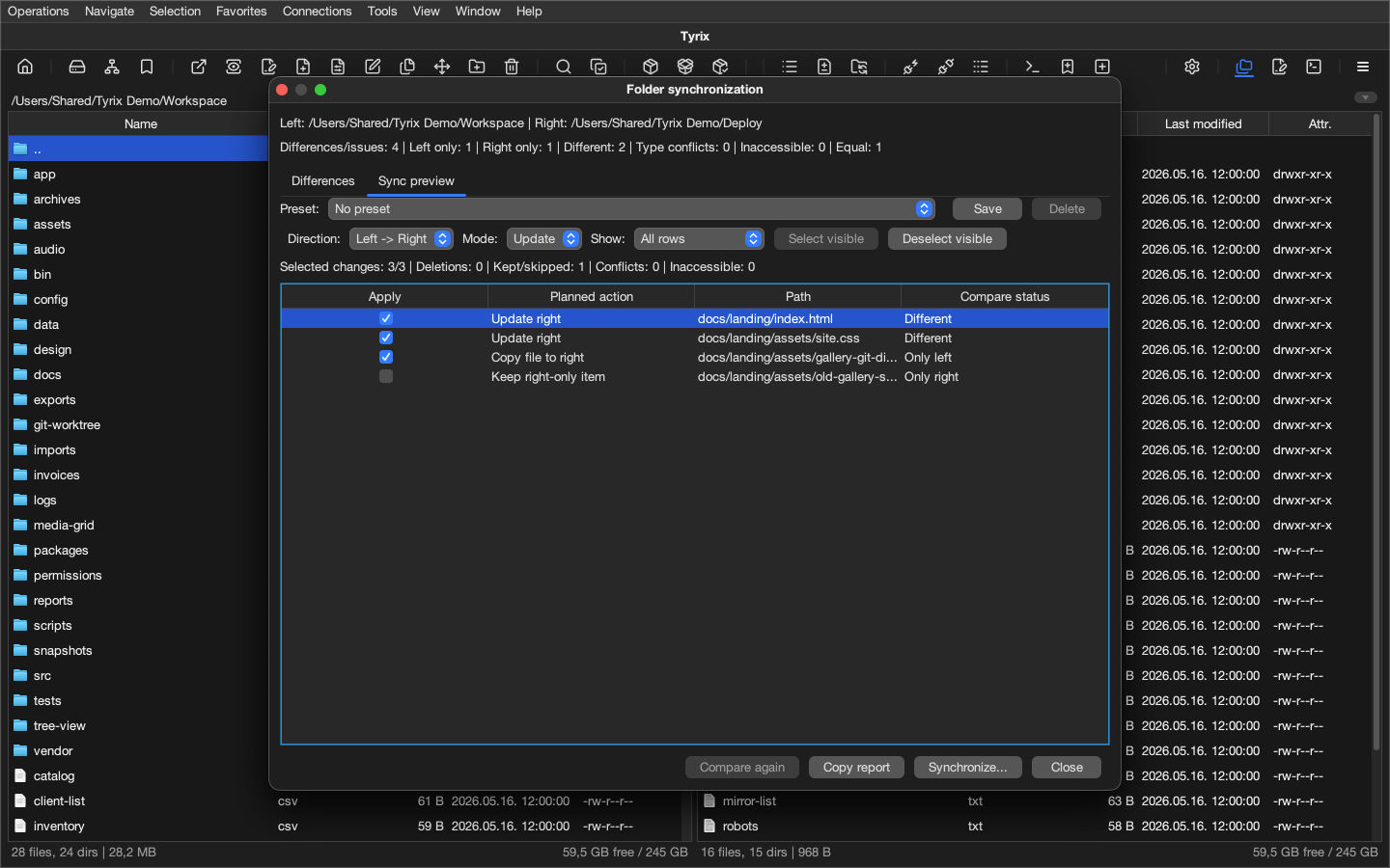 Tyrix folder synchronization dialog with planned actions