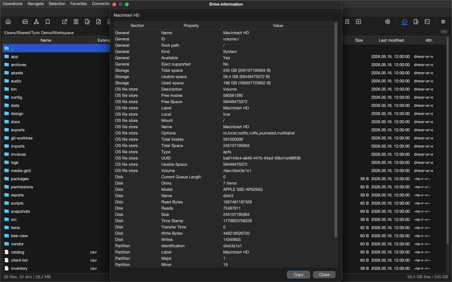 Tyrix drive information dialog showing storage, provider, and capability details